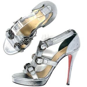 CHRISTIAN LOUBOUTIN 120MM LIMA SILVER PLATFORM BUCKLE HEELS SIZE 39